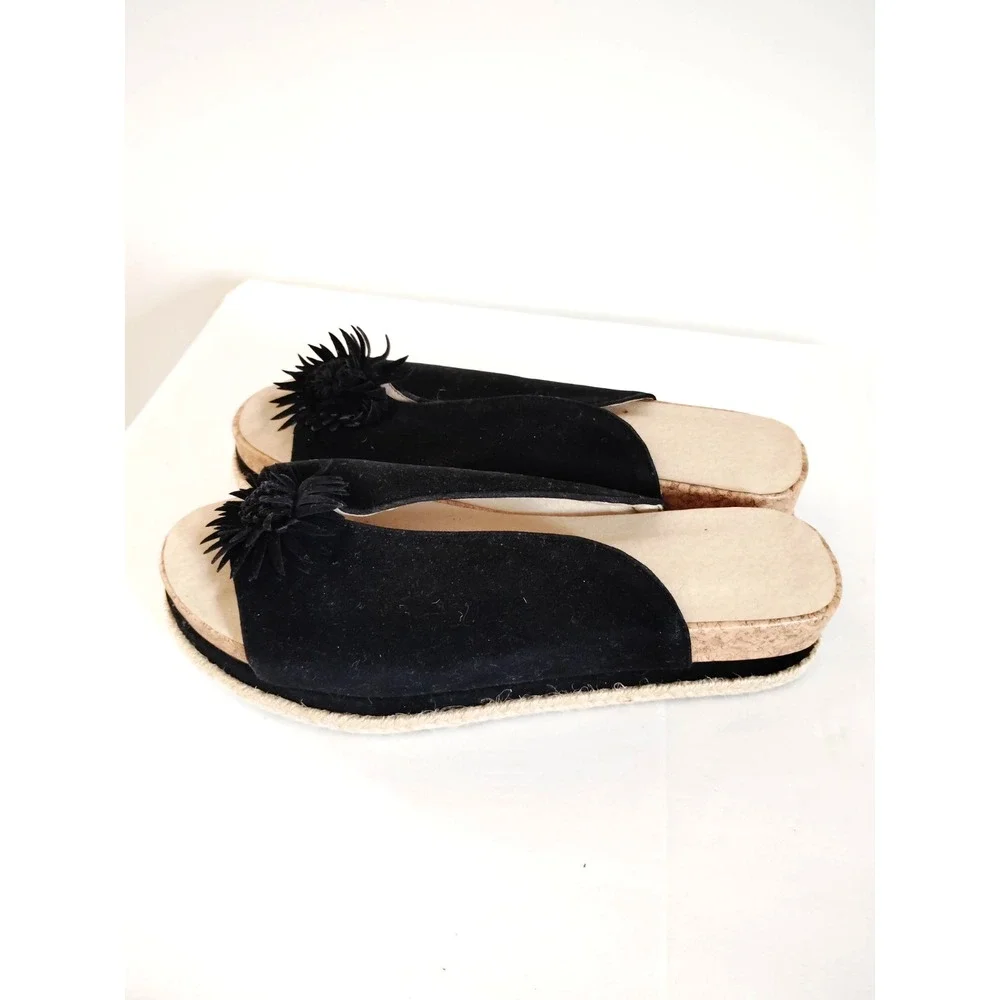 Women 10 Black Slip‑On Flower Cork Platform Gothic Boho Sandals Woven Sole EUC
